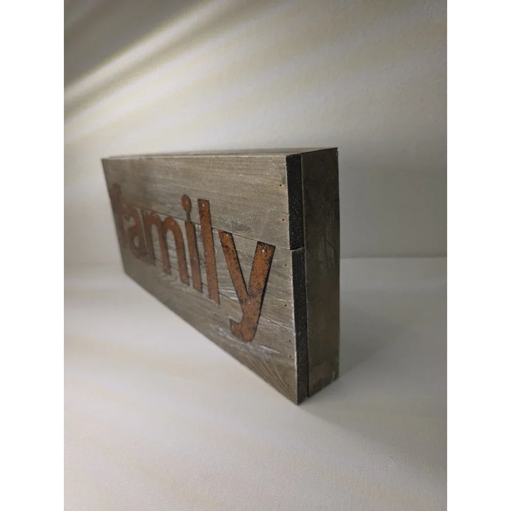 Farmhouse Wood & Metal Family Sign Distressed Country Wall Decor Shelf Sitter